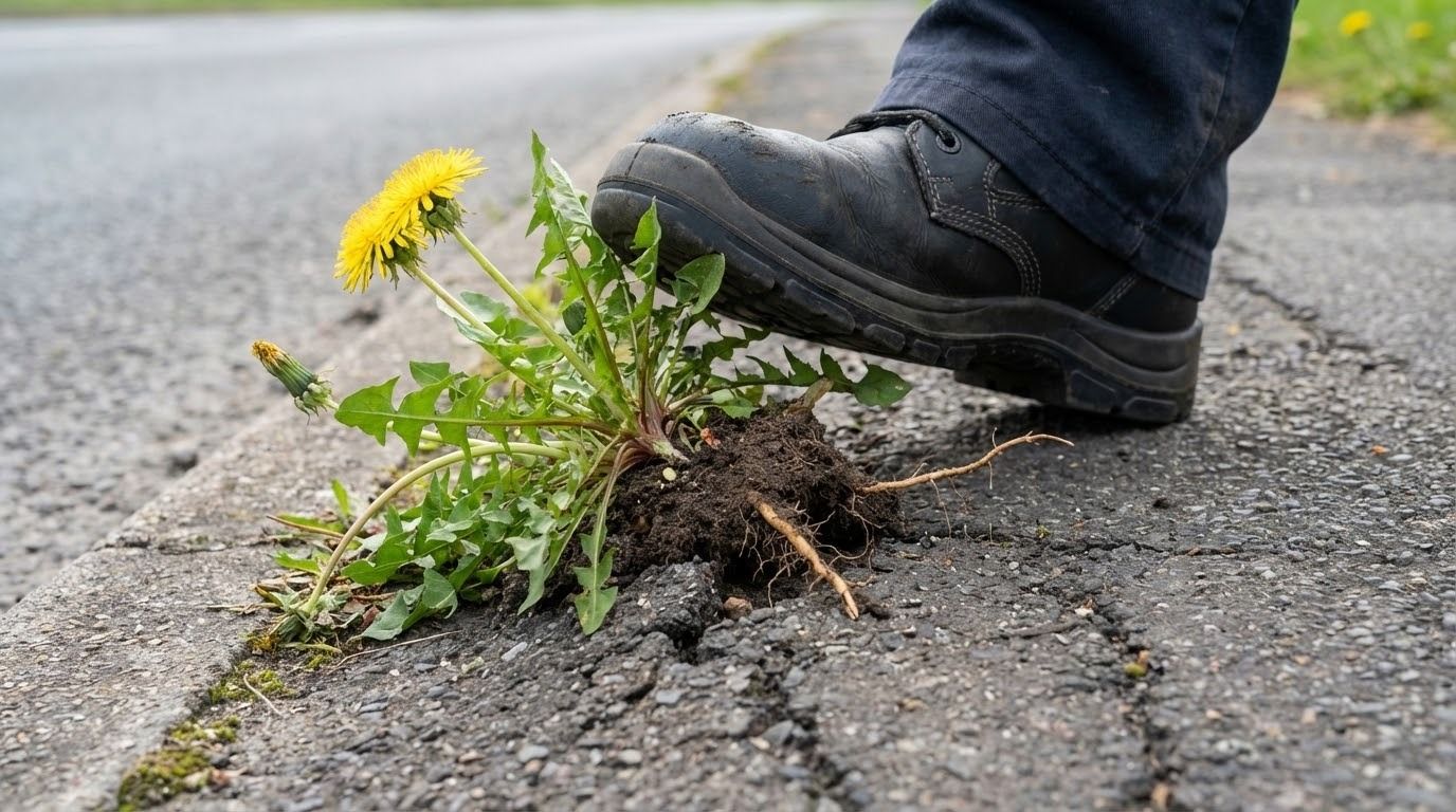 A Kersten operator using a pedestrian weed brush to clear detritus from a path edge alongside a stone bridge and water