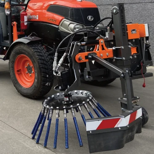 Kersten UB EASY PAK DS tractor-mounted weed brush removing moss from block paving