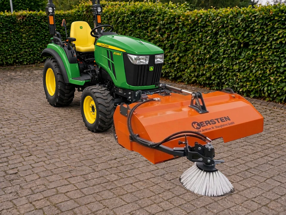 Kersten KM45 front sweeper with collector and gully brush on a John Deere 2038R