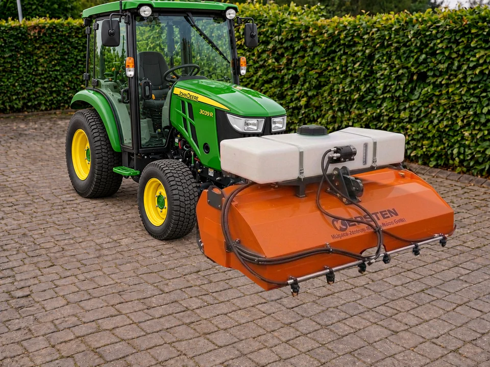 Kersten KM45 front sweeper with collector and dust suppression on a John Deere 3039R