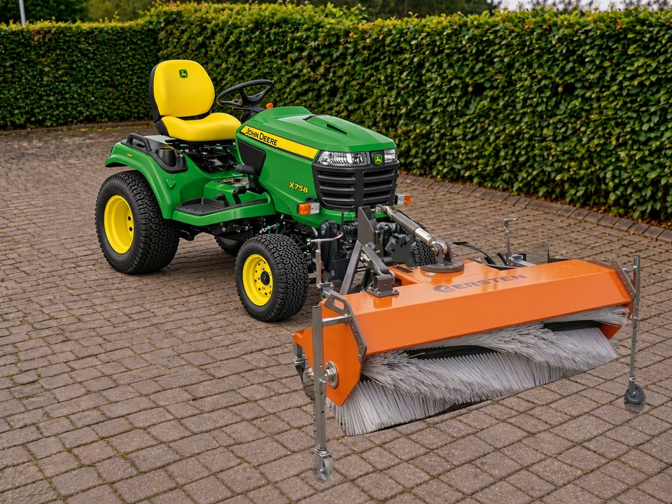 John Deere X700-series tractor with a Kersten KM45 front sweeper