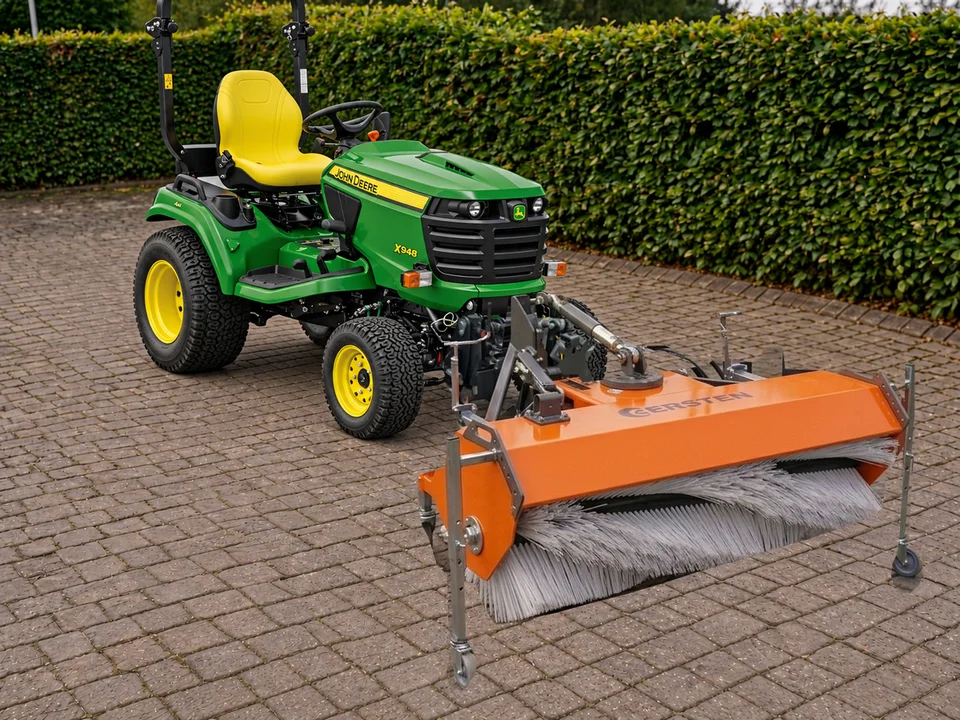 John Deere X900-series tractor with a Kersten KM45 front sweeper