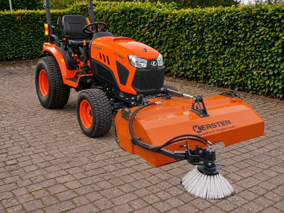 Kersten KM45 front sweeper with collector and gully brush on a Kubota LX401