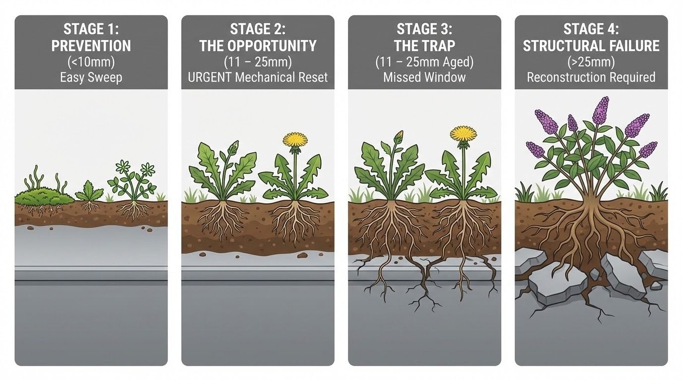 Diagram of the four stages of pavement ecological succession by detritus depth, from Stage 1 prevention through Stage 4 structural failure